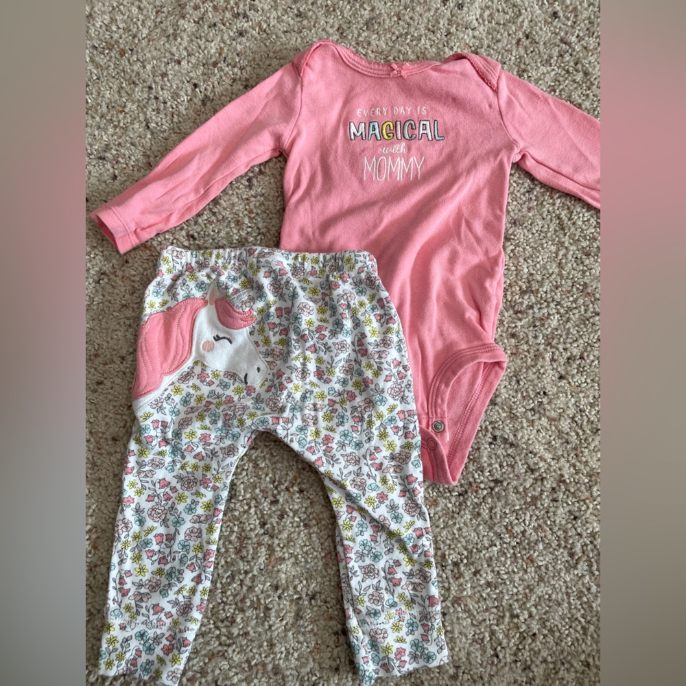 Carters baby girl pink floral unicorn outfit - unicorn onesie and pants 9 months